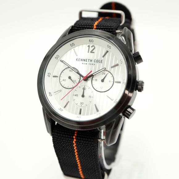 Kenneth Cole NY Mens 45mm Chronograph Watch Black Orange Nylon w New Battery - Picture 1 of 11